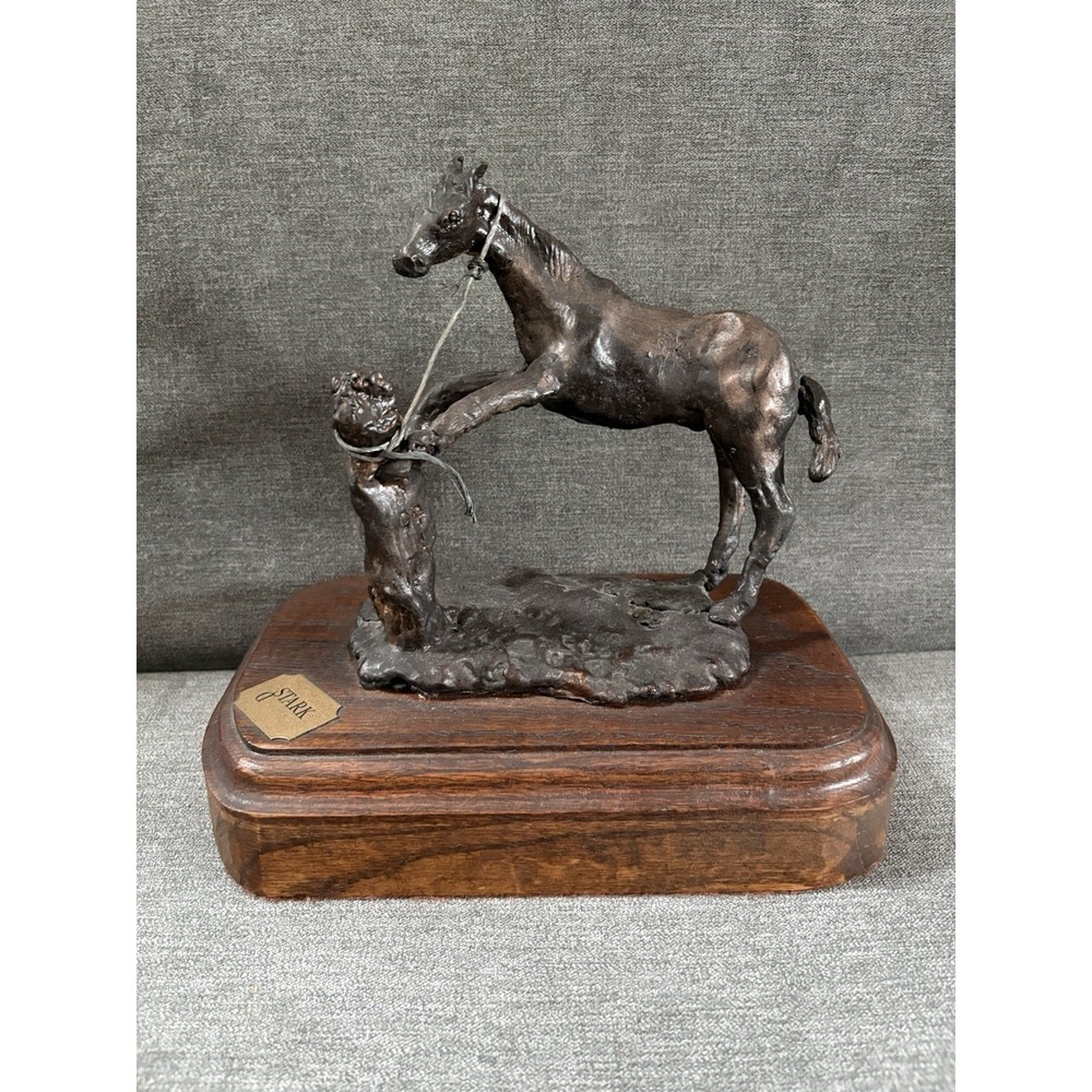Vintage Bronze Horse Hitching Post on Oak base by Donald Stark Montana 1934-2019